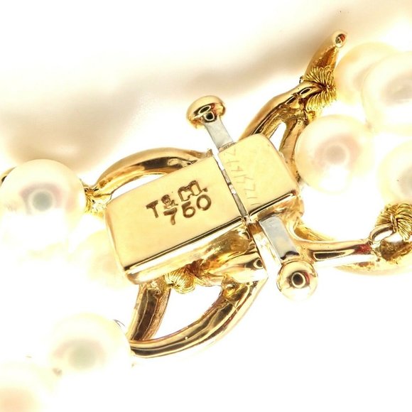 Authentic! Tiffany & Co 18k Yellow Gold Diamond 3 Strand Pearl Necklace - Picture 4 of 10